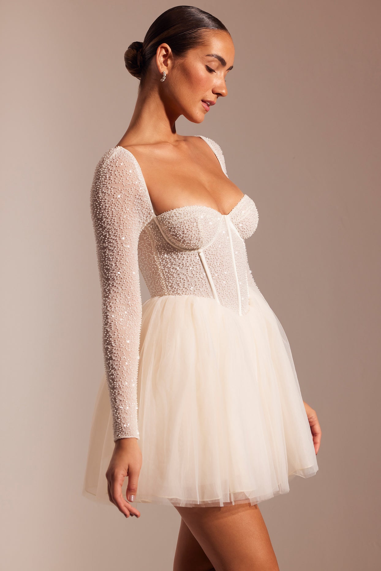 Embellished Long Sleeve Tulle Skirt Mini Dress in Ivory - 3