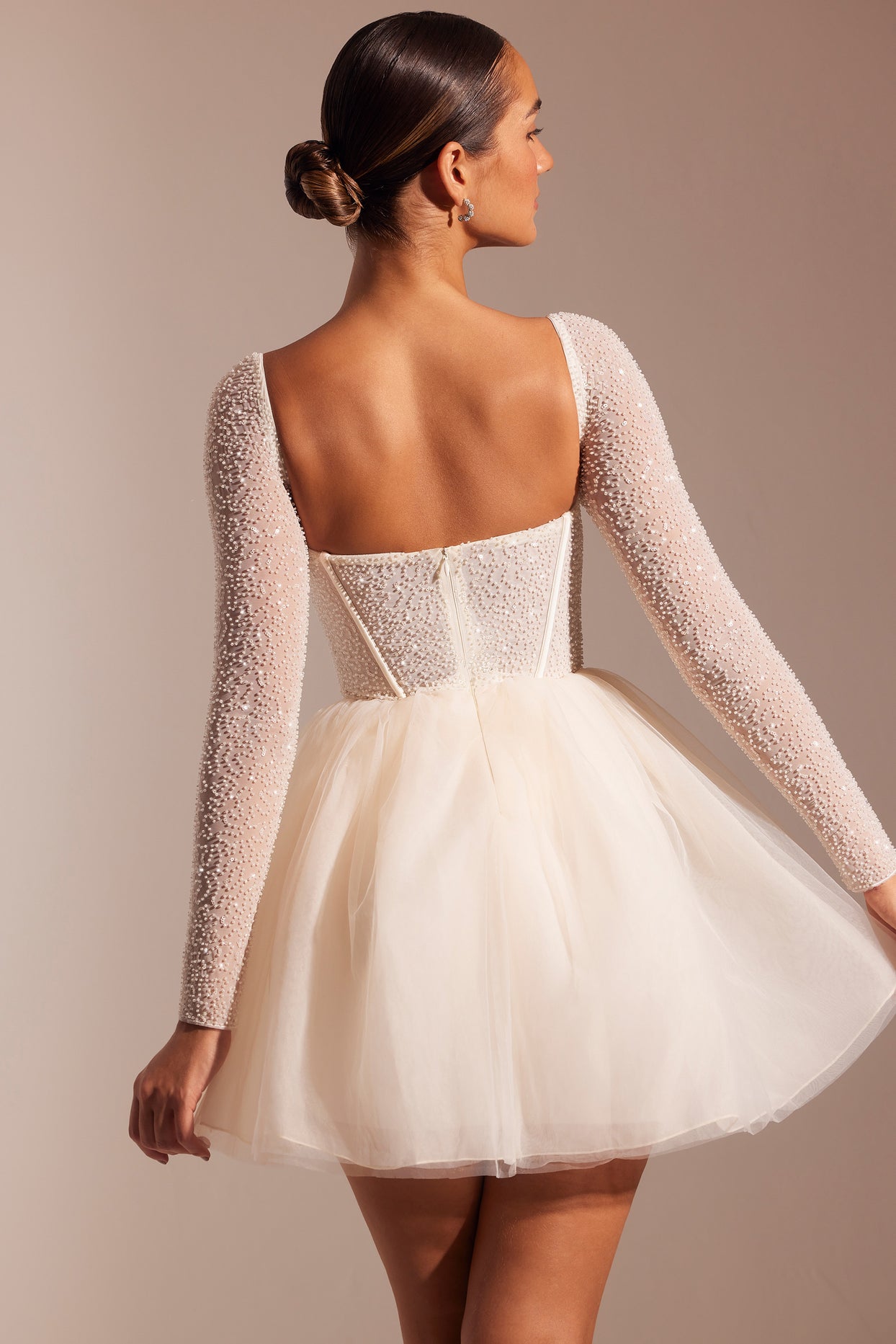 Embellished Long Sleeve Tulle Skirt Mini Dress in Ivory - 2