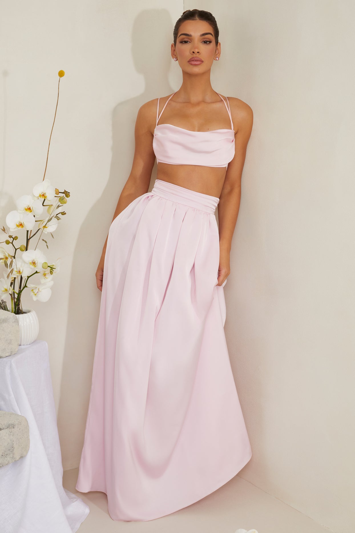 Pleated Heavy Satin Maxi Skirt in Pink