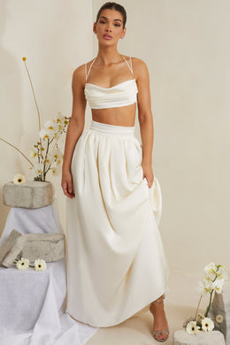 Pleated Heavy Satin Maxi Skirt in White