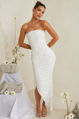 Hand Embellished Asymmetric Midi Dress in White