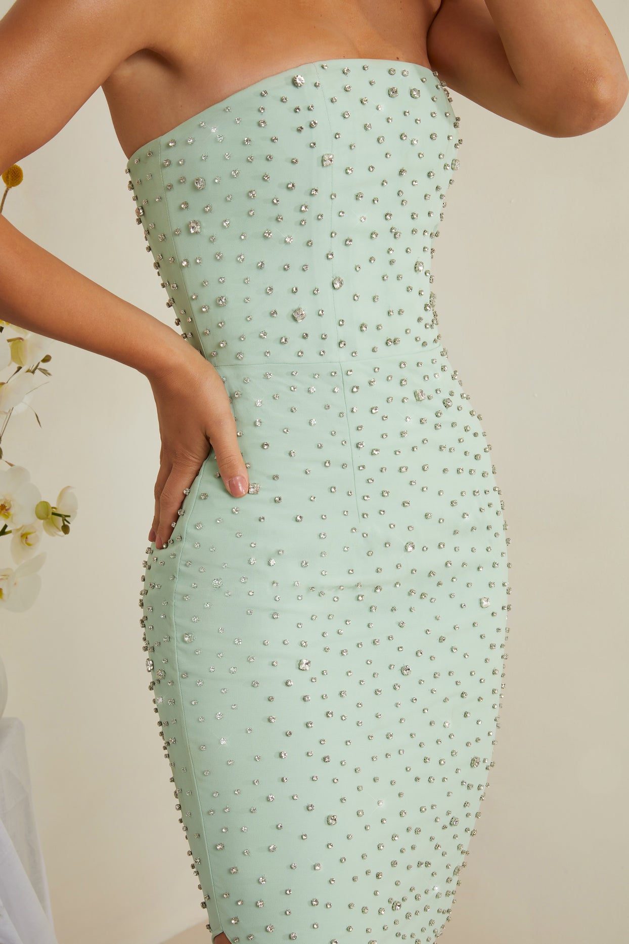 Hand Embellished Asymmetric Midi Dress in Sage