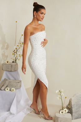 Hand Embellished Asymmetric Midi Dress in White