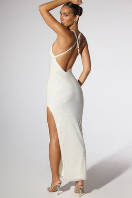 Embellished Plunge Neck Low Back Evening Gown in Ivory