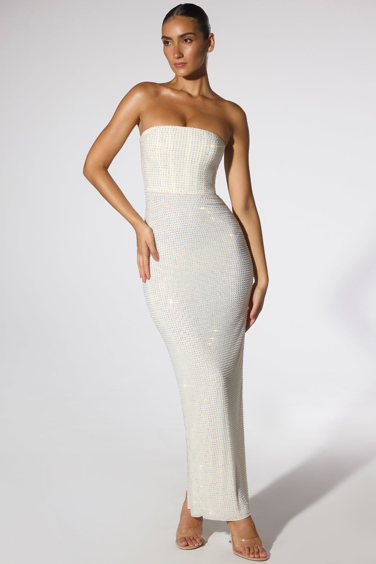 Daleyza Embellished Strapless Evening Gown in Ivory | Oh Polly