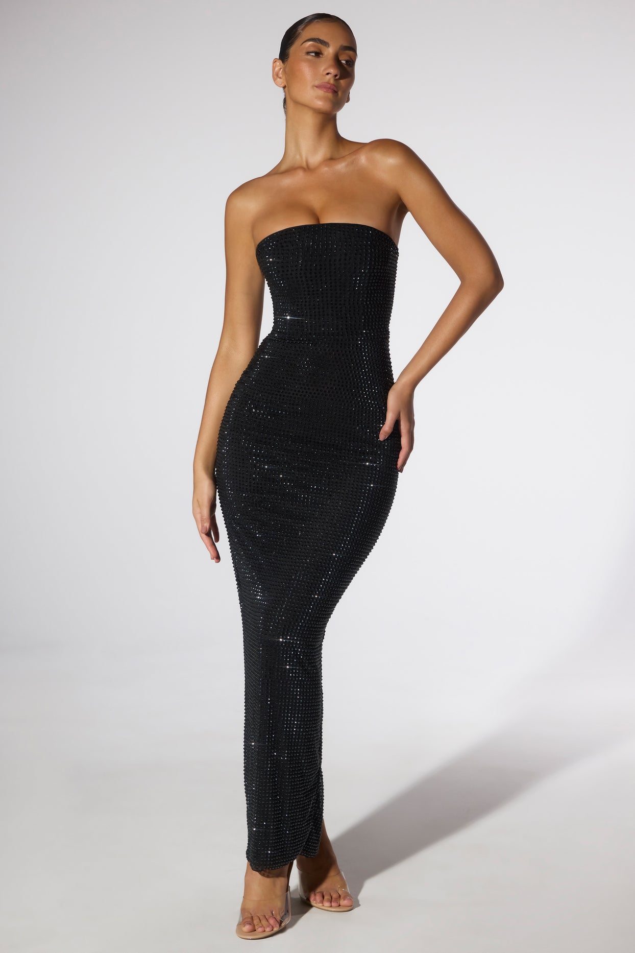 Embellished Strapless Evening Gown in Black
