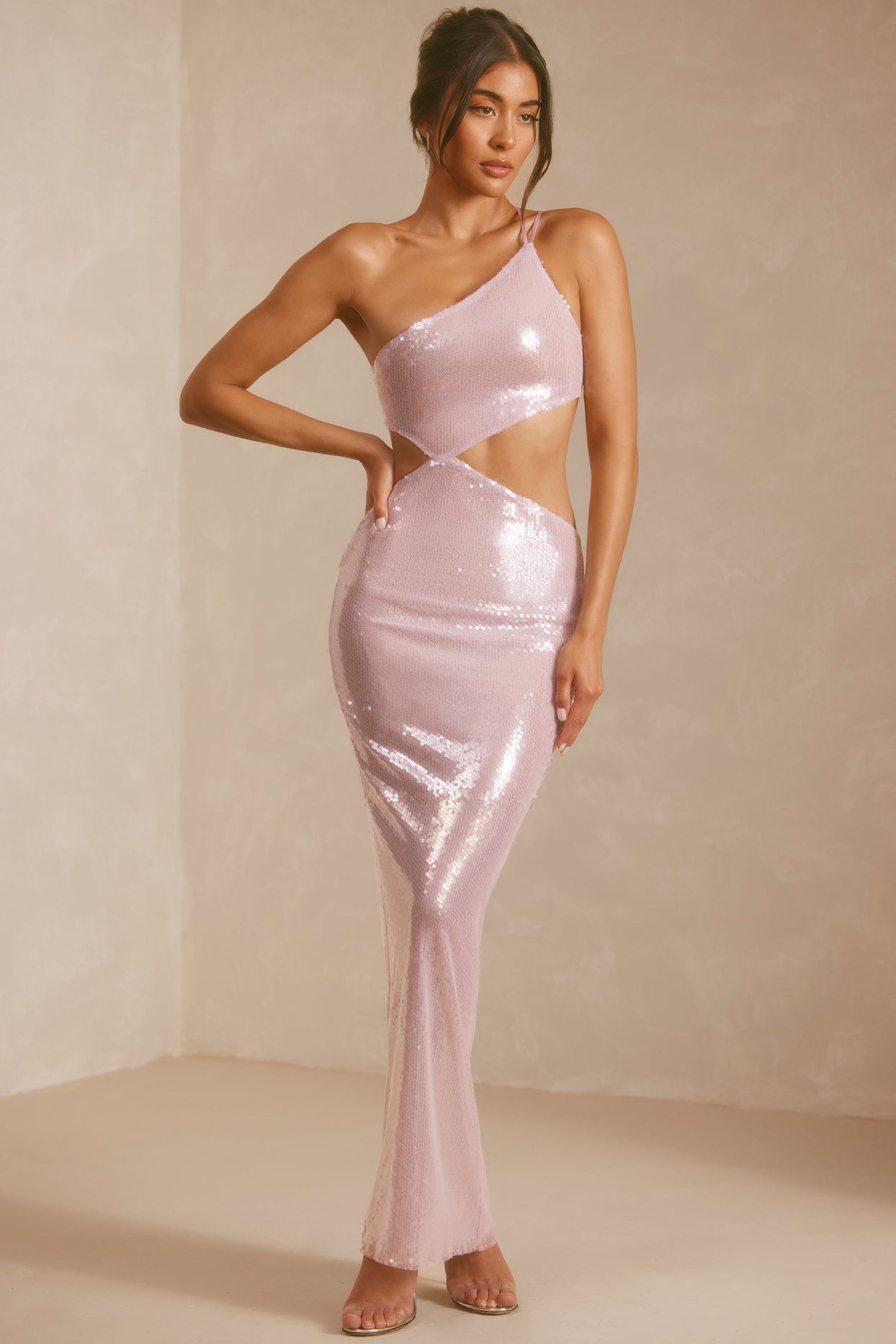 Isabel Sequin One Shoulder Cut Out Maxi Dress in Lilac