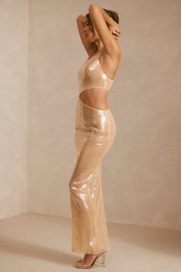 Przezroczysta, cekinowa sukienka maxi z wycięciem na jedno ramię w kolorze brązowym