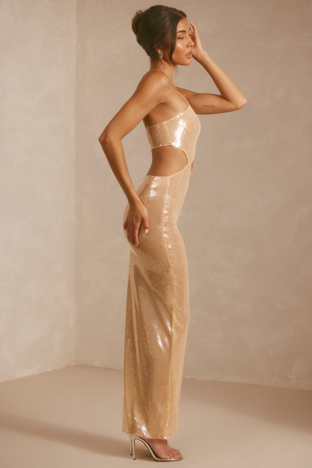 Sheer Sequin One Shoulder Cut Out Maxi Dress in Tan
