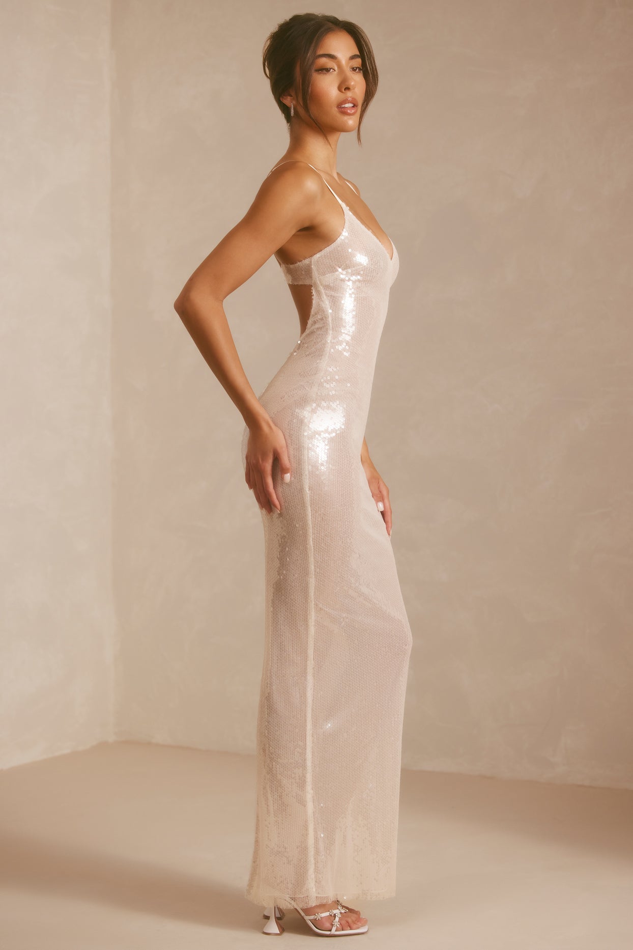 Sheer Sequin V-Neck Cut Out Back Evening Gown in White