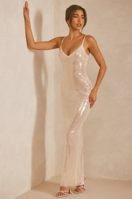 Sheer Sequin V-Neck Cut Out Back Evening Gown in White
