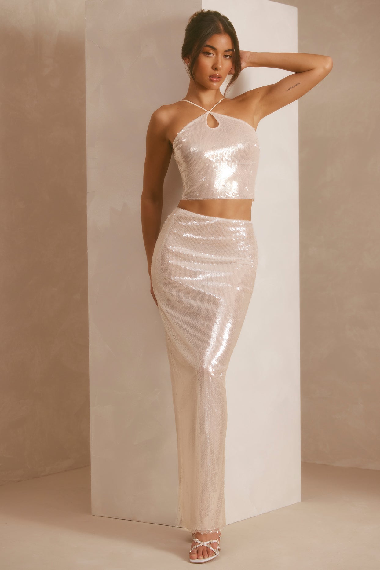Sheer Sequin Mid Rise Maxi Skirt in White