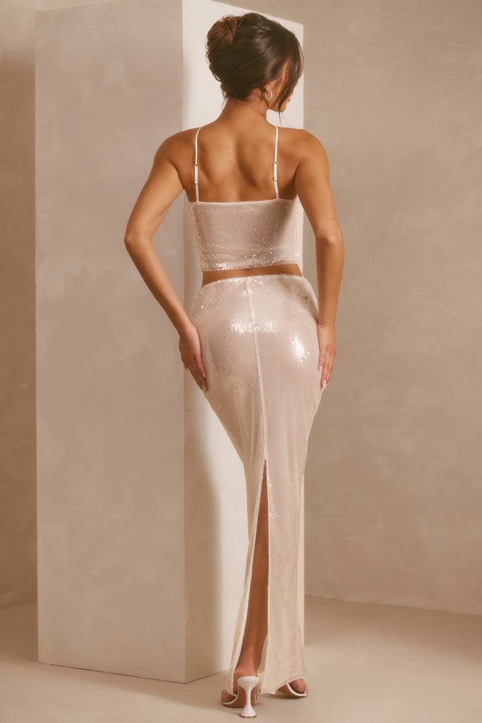 Przezroczysta, cekinowa spódnica maxi ze średnim stanem w kolorze białym