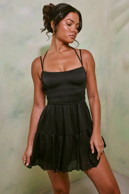 Shirred Bodice A-Line Mini Dress in Black
