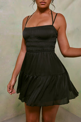 Shirred Bodice A-Line Mini Dress in Black