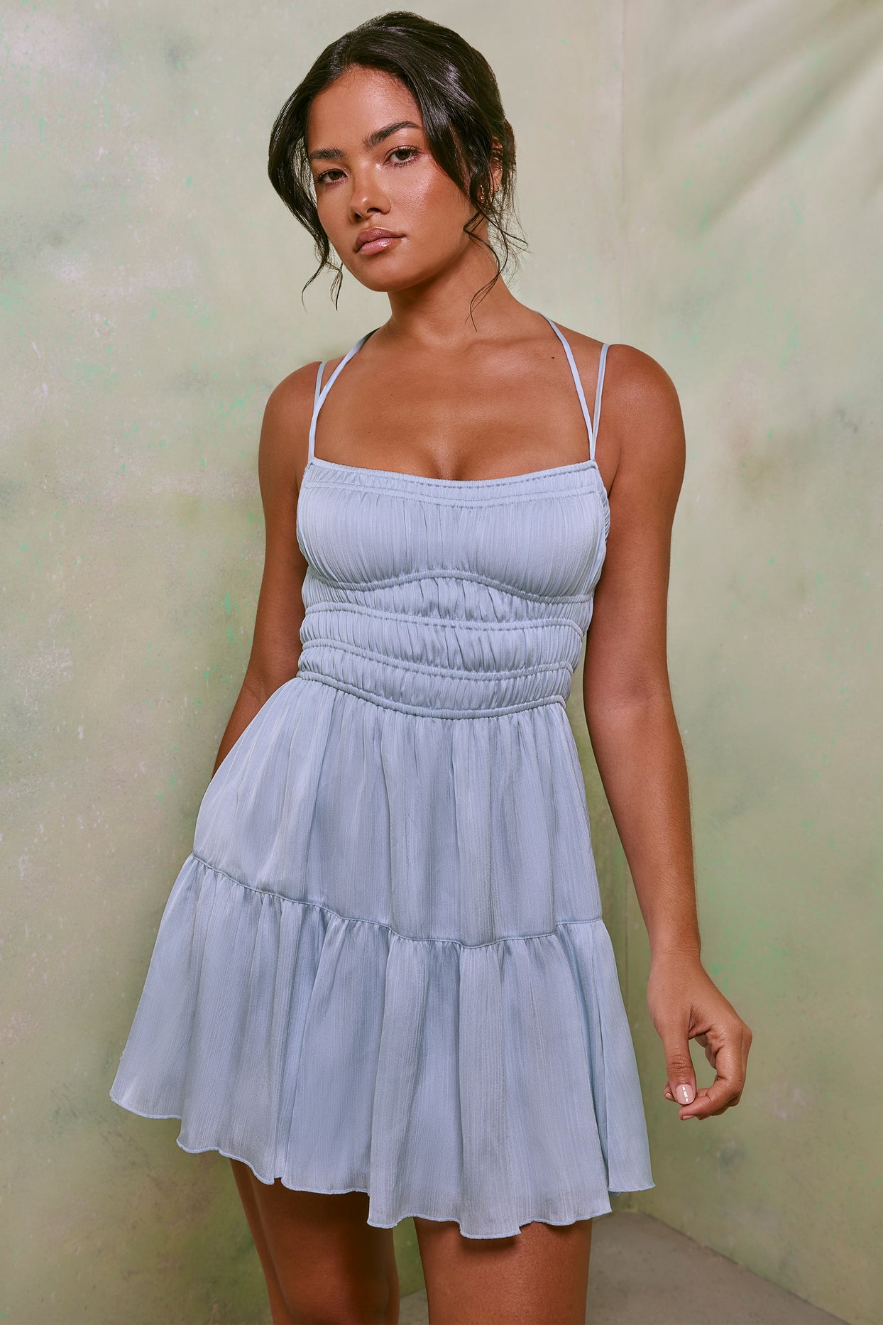Shirred Bodice A-Line Mini Dress in Sky Grey