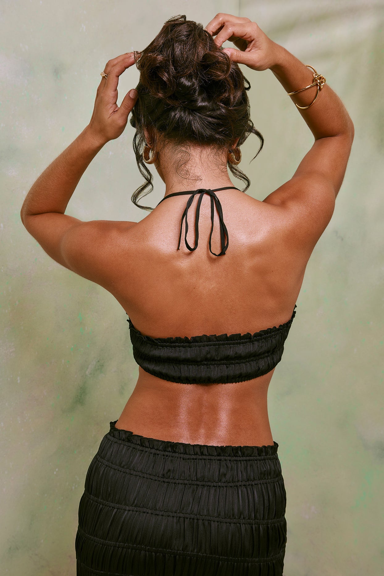 Shirred Halter Neck Crop Top in Black - 2