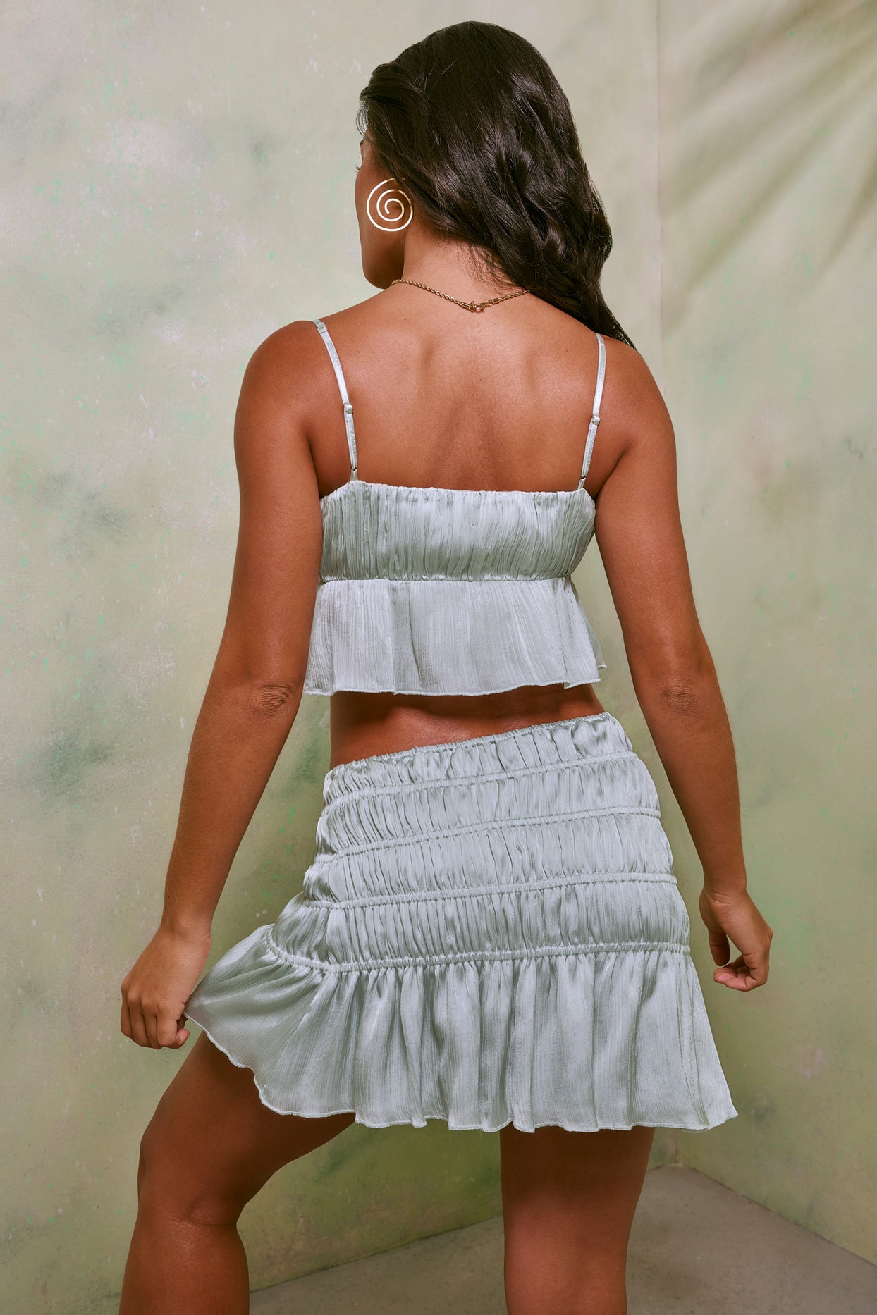 Shirred Tie Up Front Crop Top in Pastel Green - 10