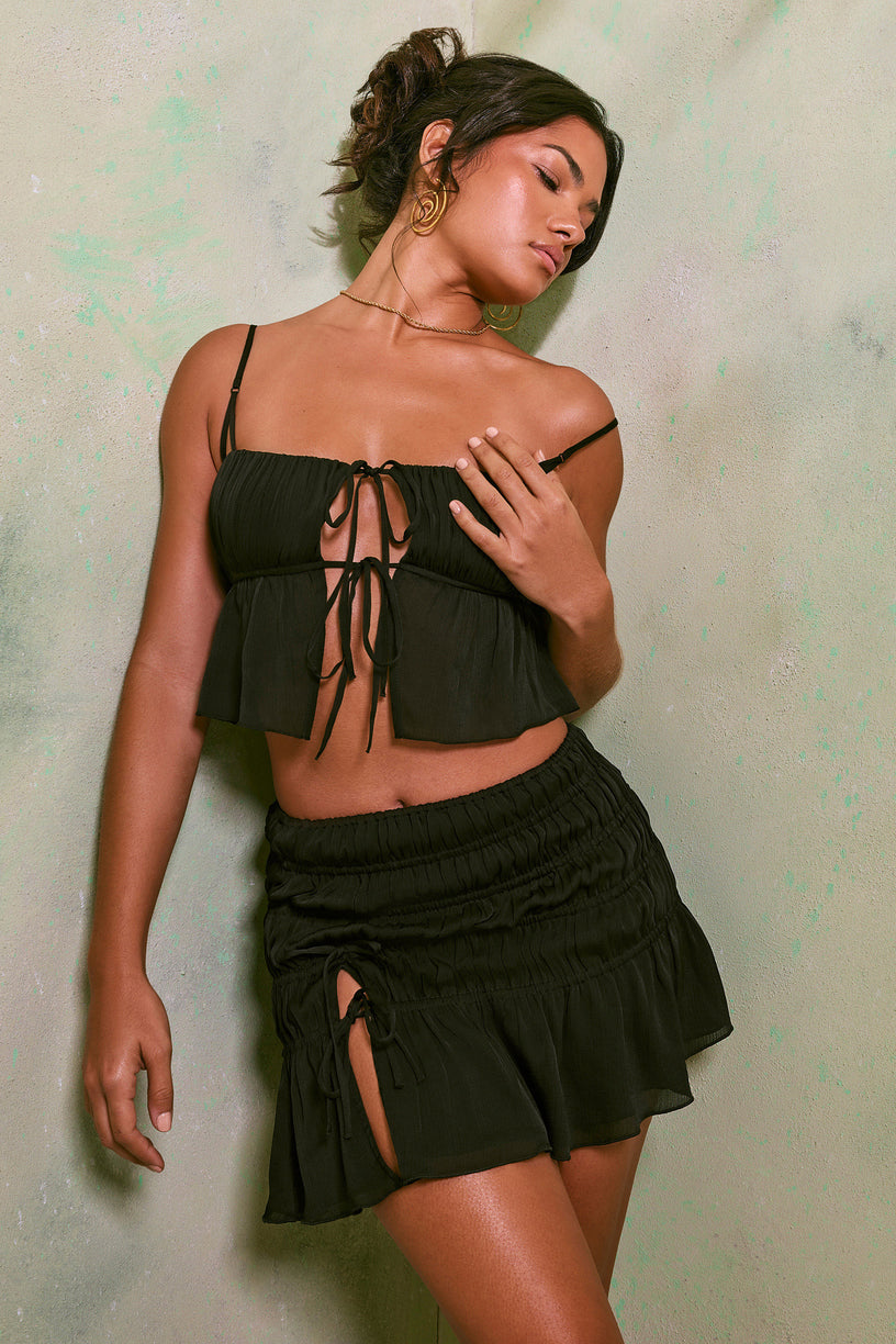 Shirred Thigh High Split Mid Rise Mini Skirt in Black - 1