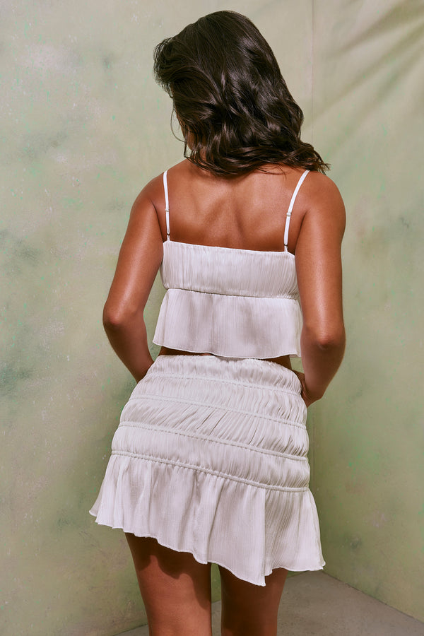 Shirred Thigh High Split Mid Rise Mini Skirt in White - 2