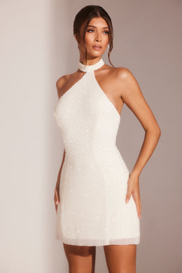Embellished Asymmetric Neck A-Line Mini Dress in White