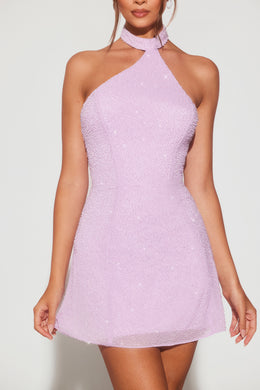 Embellished Asymmetric Neck A-Line Mini Dress in Lilac