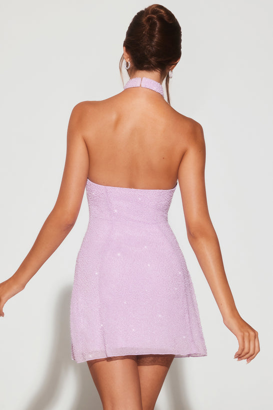 Embellished Asymmetric Neck A-Line Mini Dress in Lilac