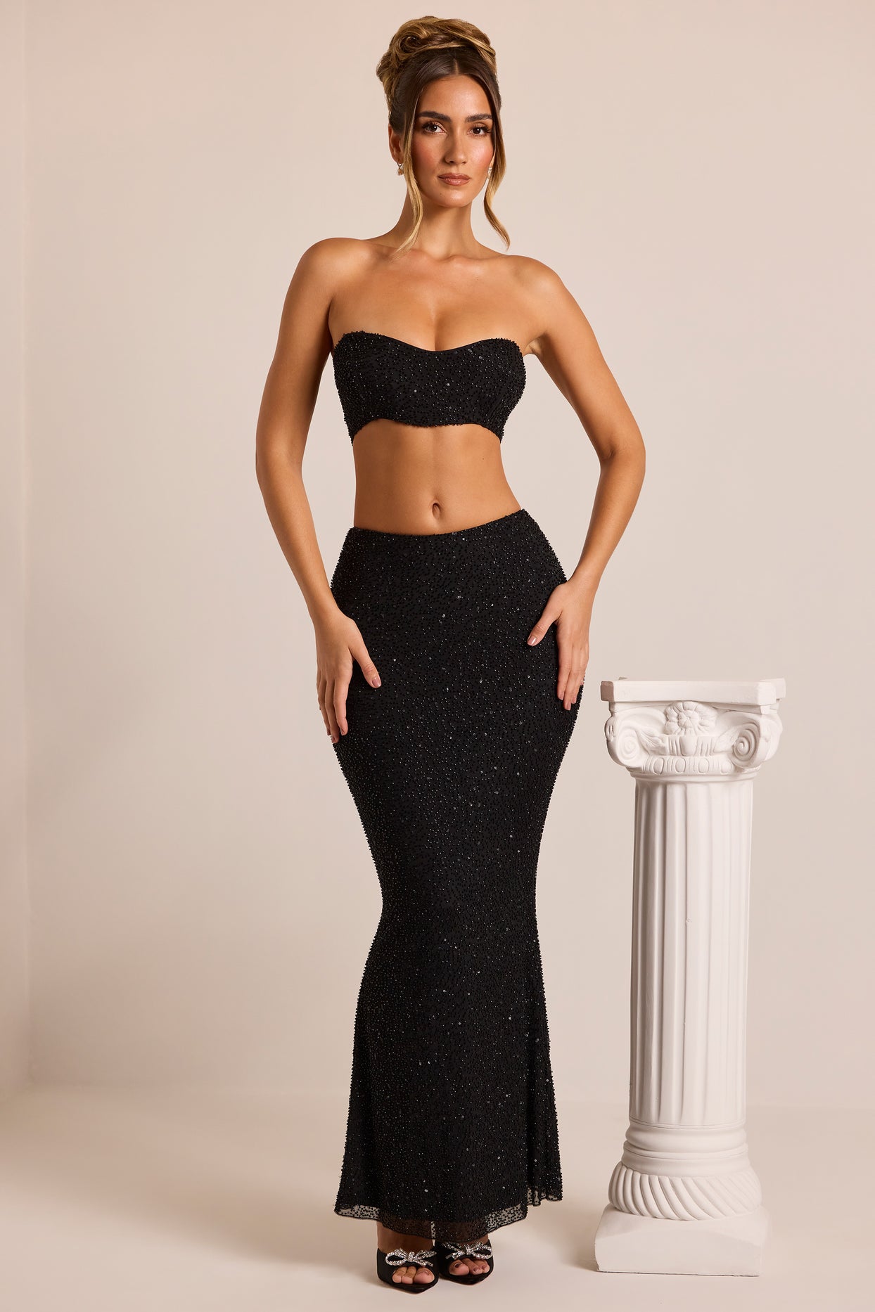 Embellished Mid-Rise Maxi Skirt in Black