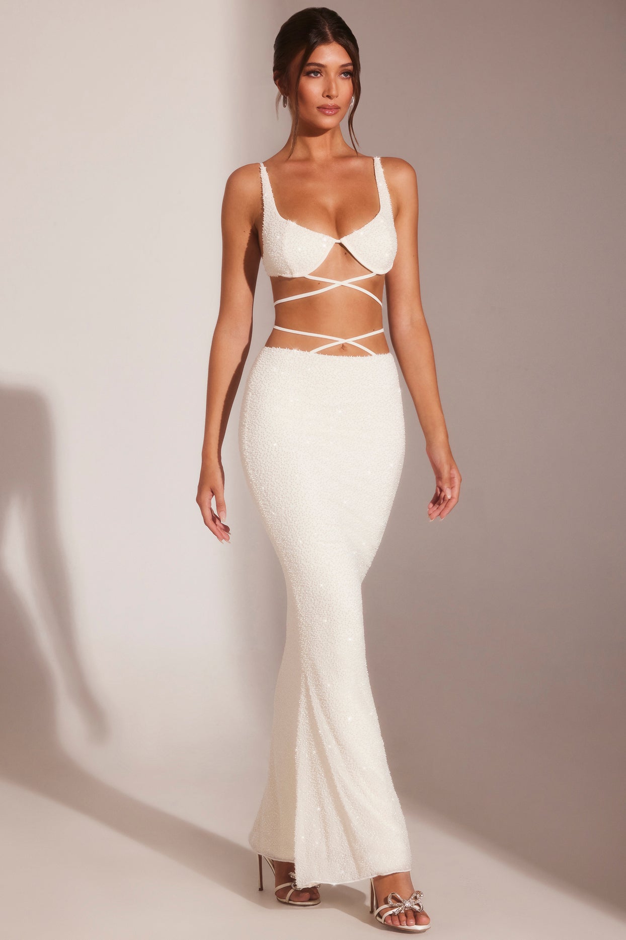 Embellished Strappy Maxi Skirt in White