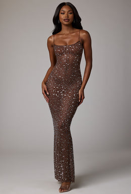 Sheer Embellished Scoop Neck Evening Gown in Deep Cocoa