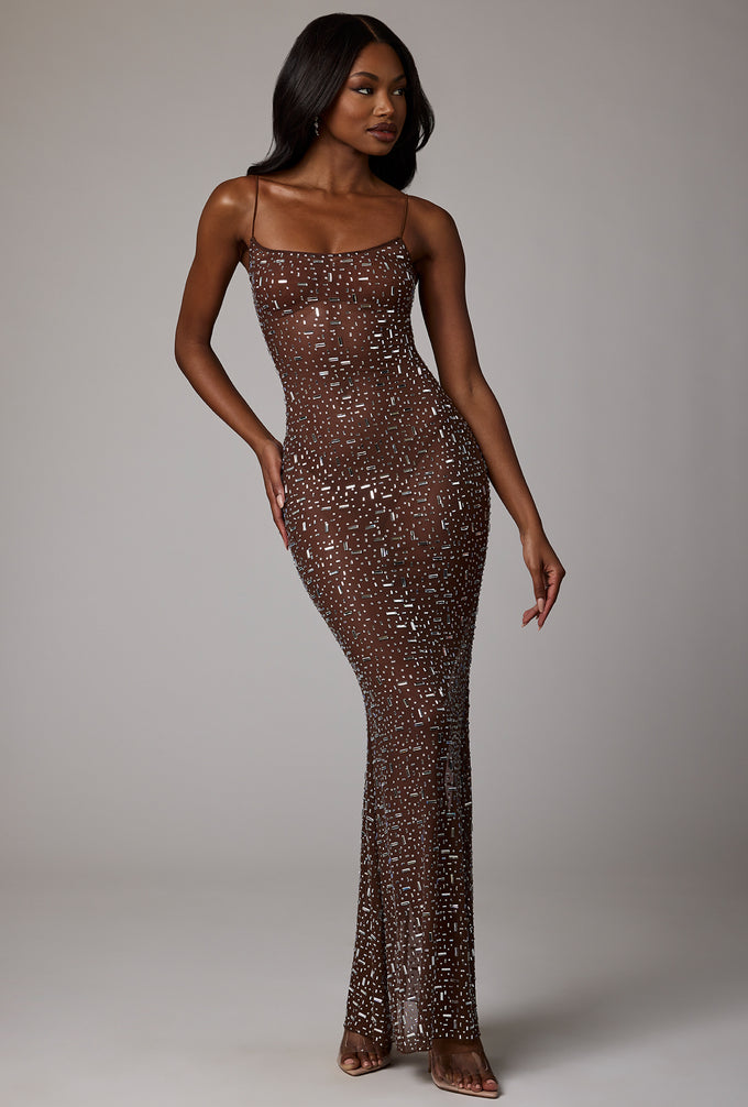 Sheer Embellished Scoop Neck Evening Gown in Deep Cocoa