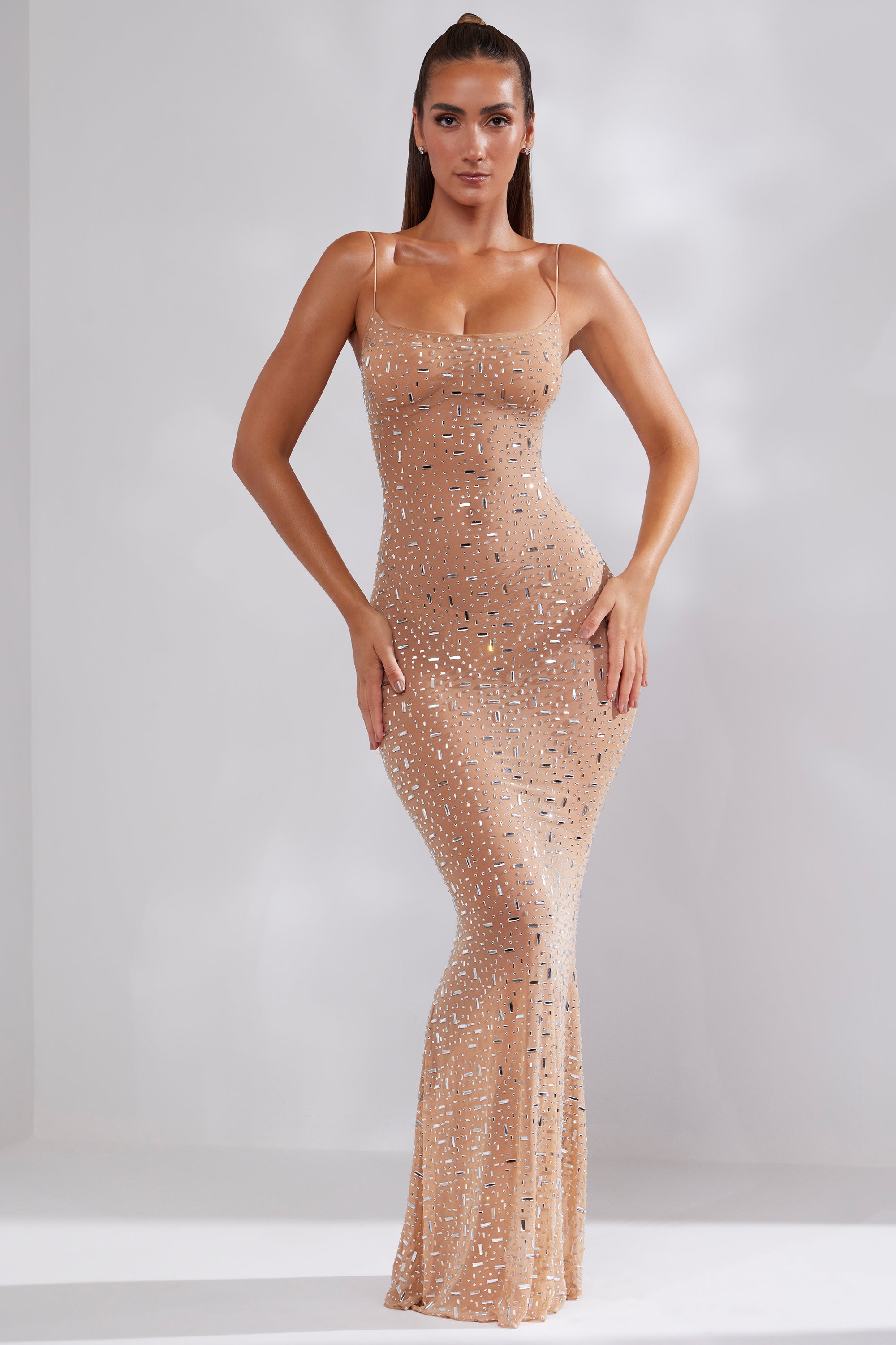 Sheer Embellished Scoop Neck Evening Gown in Honey