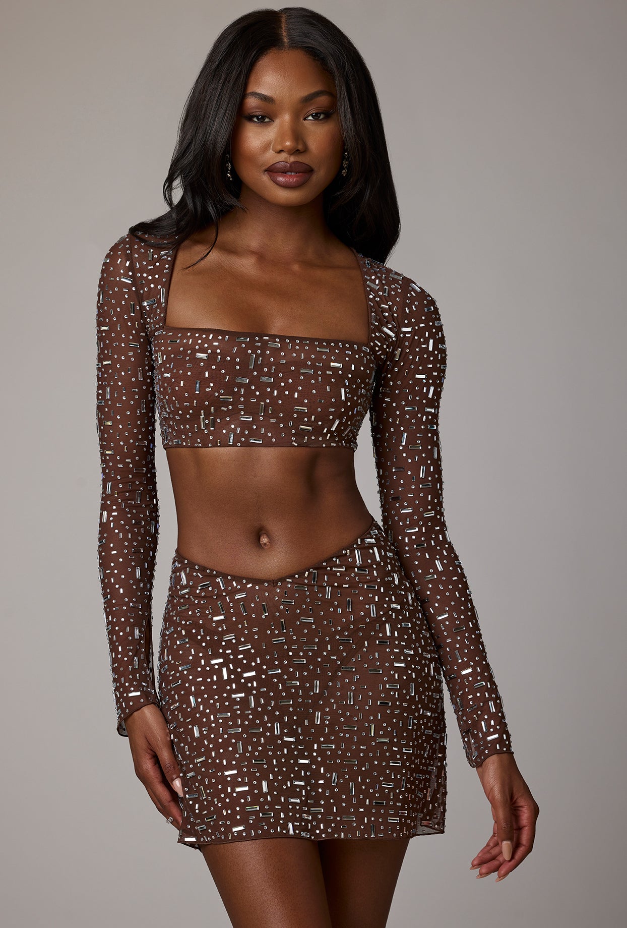 long sleeve crop top dress Bateau Crop Tops Long Satin A-Line Skirt 2 Piece Set Black Prom Dress