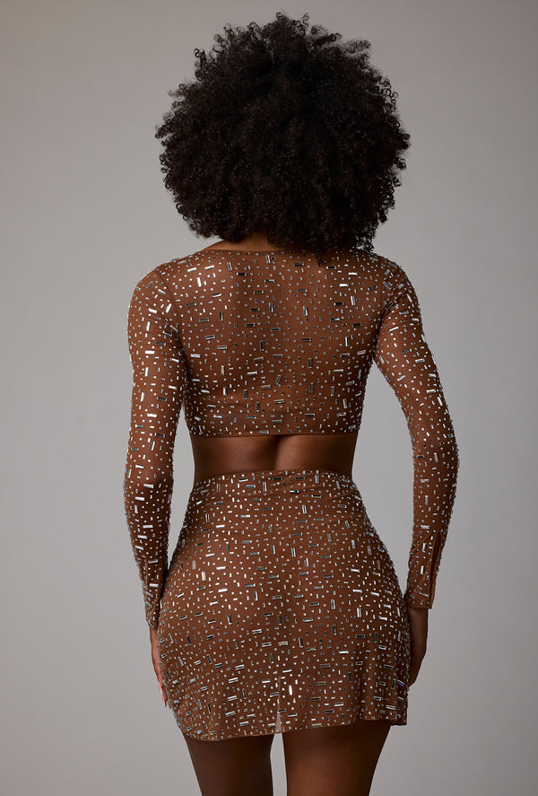 Sheer Embellished V Waist Mini Skirt in Mocha - 2