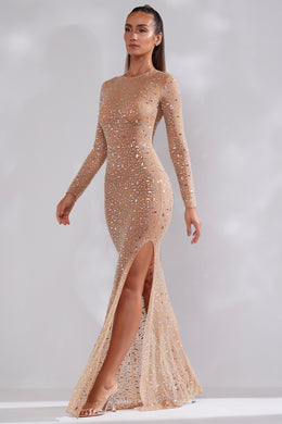 Sheer Embellished Long Sleeve Evening Gown in Almond