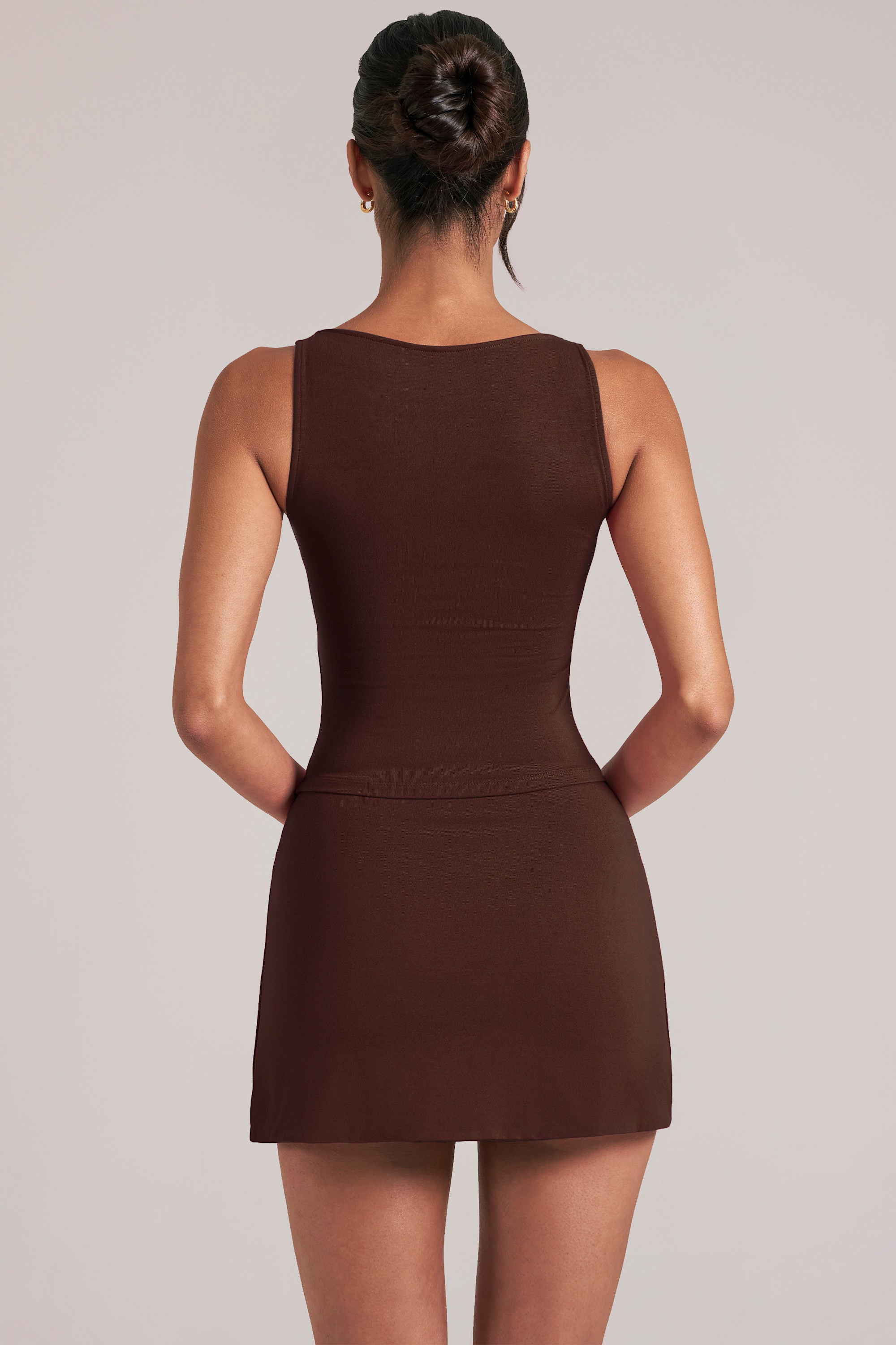 Mid-Rise Bodycon Ultra Mini Skirt with Split in Chocolate Brown - 2