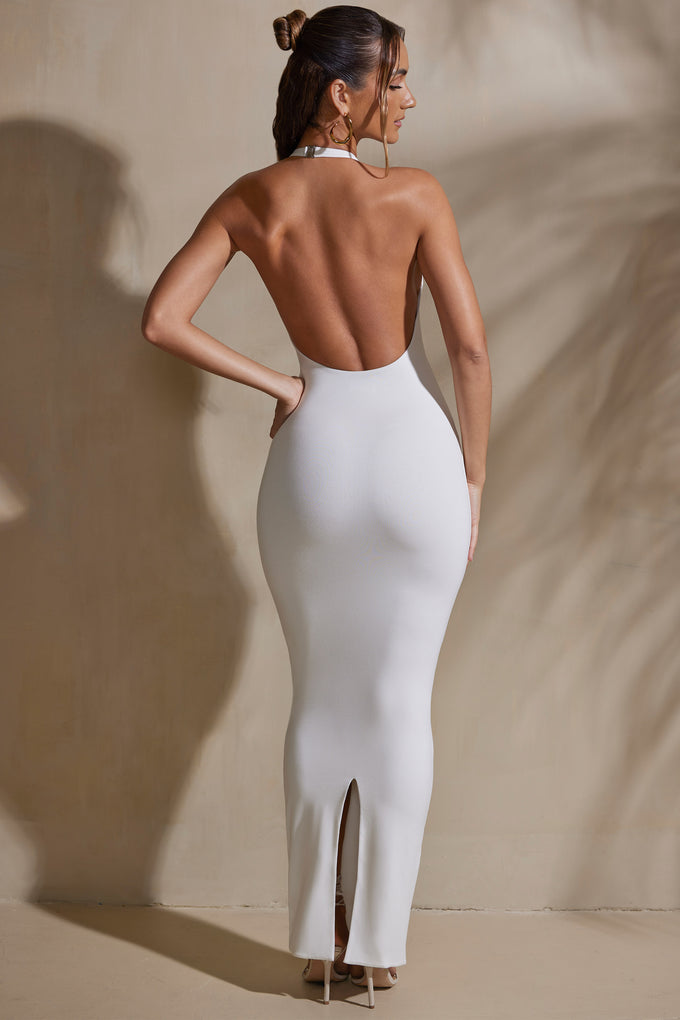 Sukienka maxi z dekoltem typu halter i głębokim dekoltem w kolorze białym