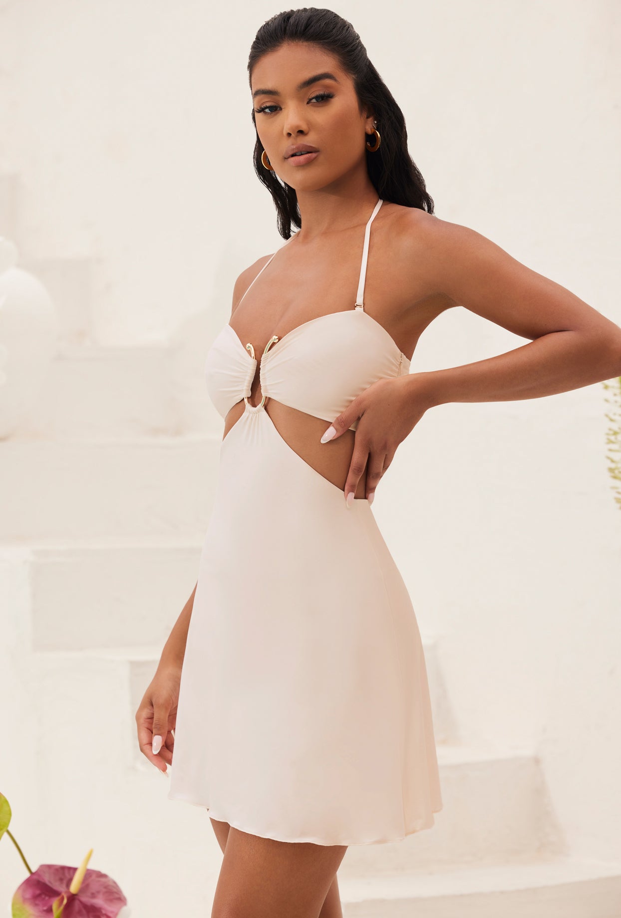 Bandeau Cut Out A-Line Mini Dress in Ivory