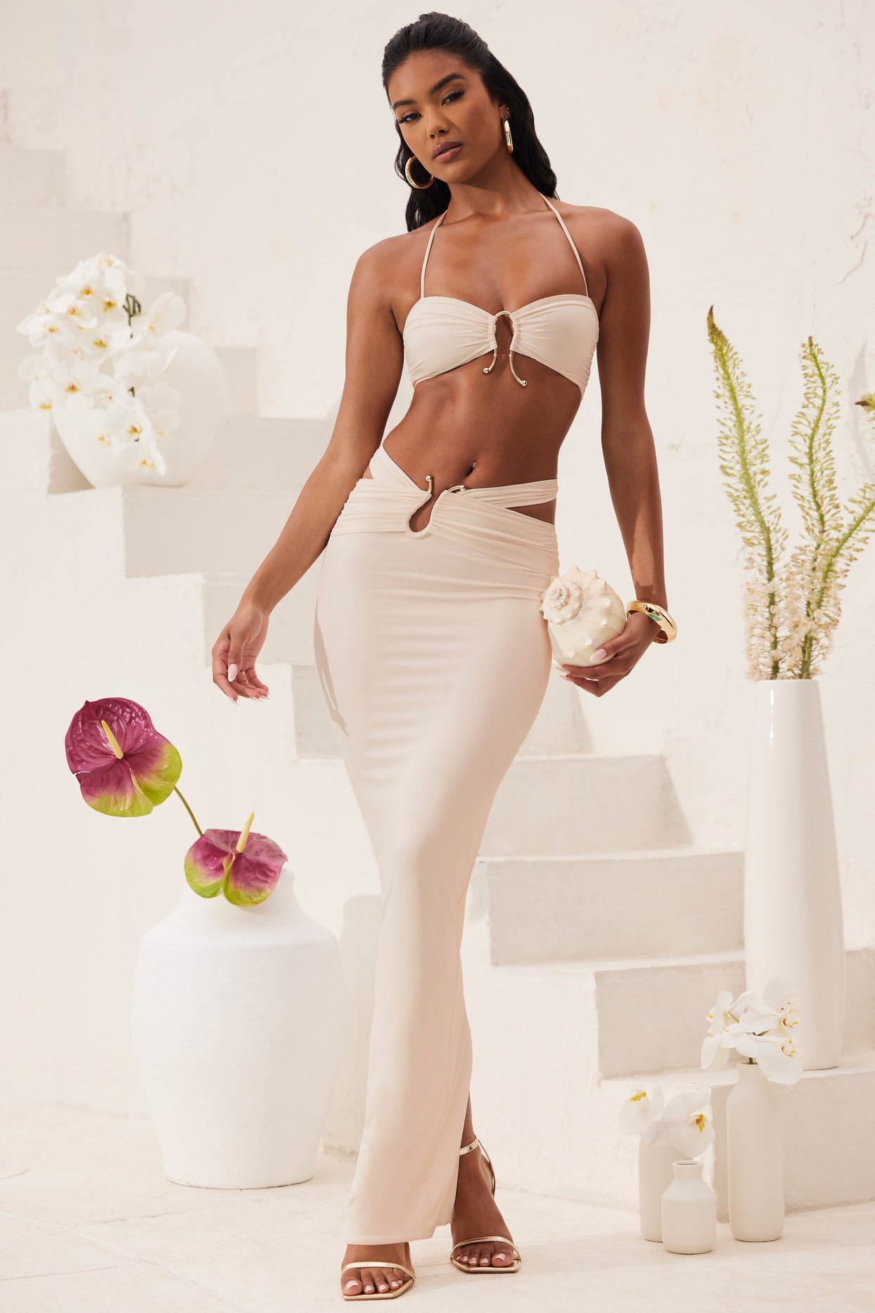 Ruched Bandeau Hardware Detail Crop Top in Ivory