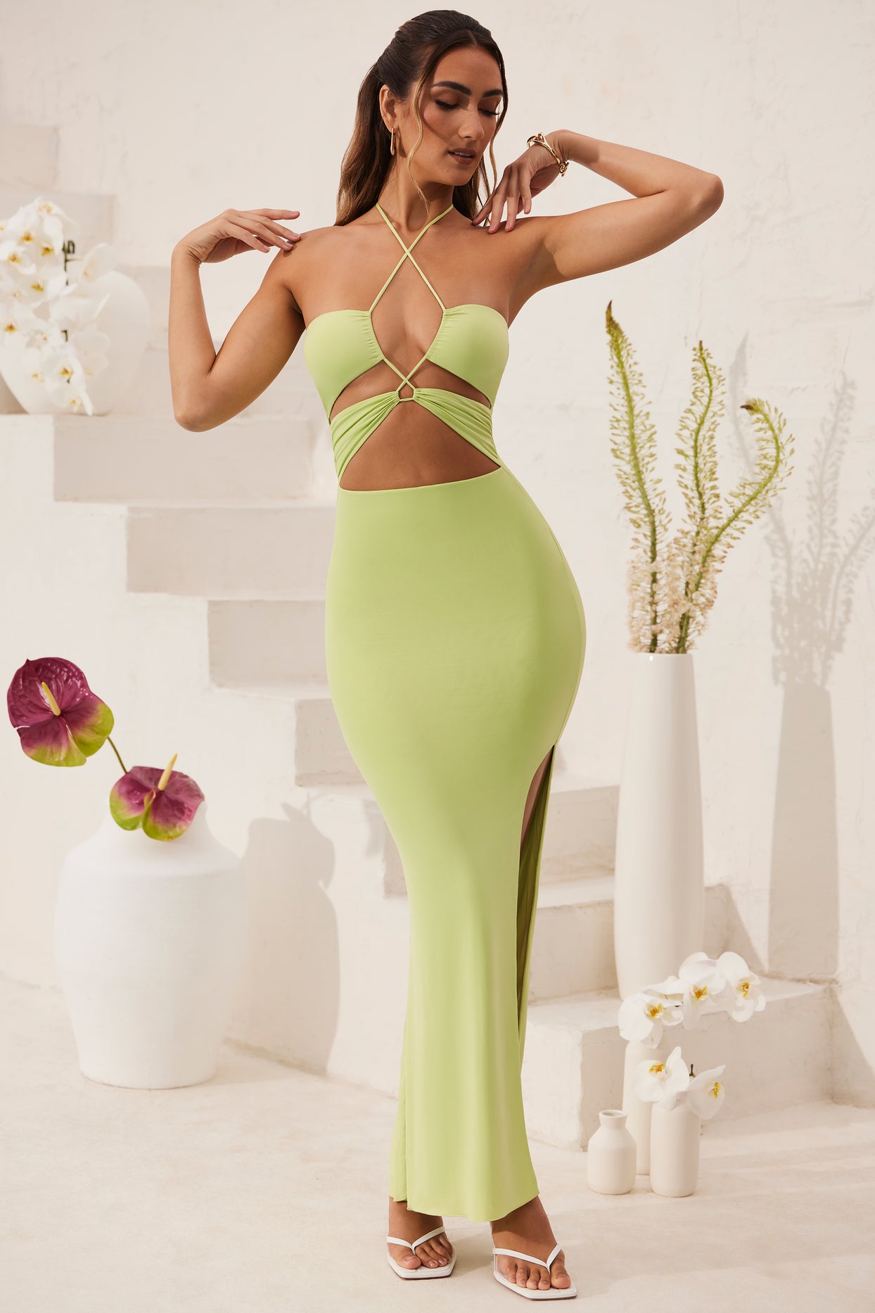 Cut Out Halter Neck Floor Length Maxi Dress in Lime Green