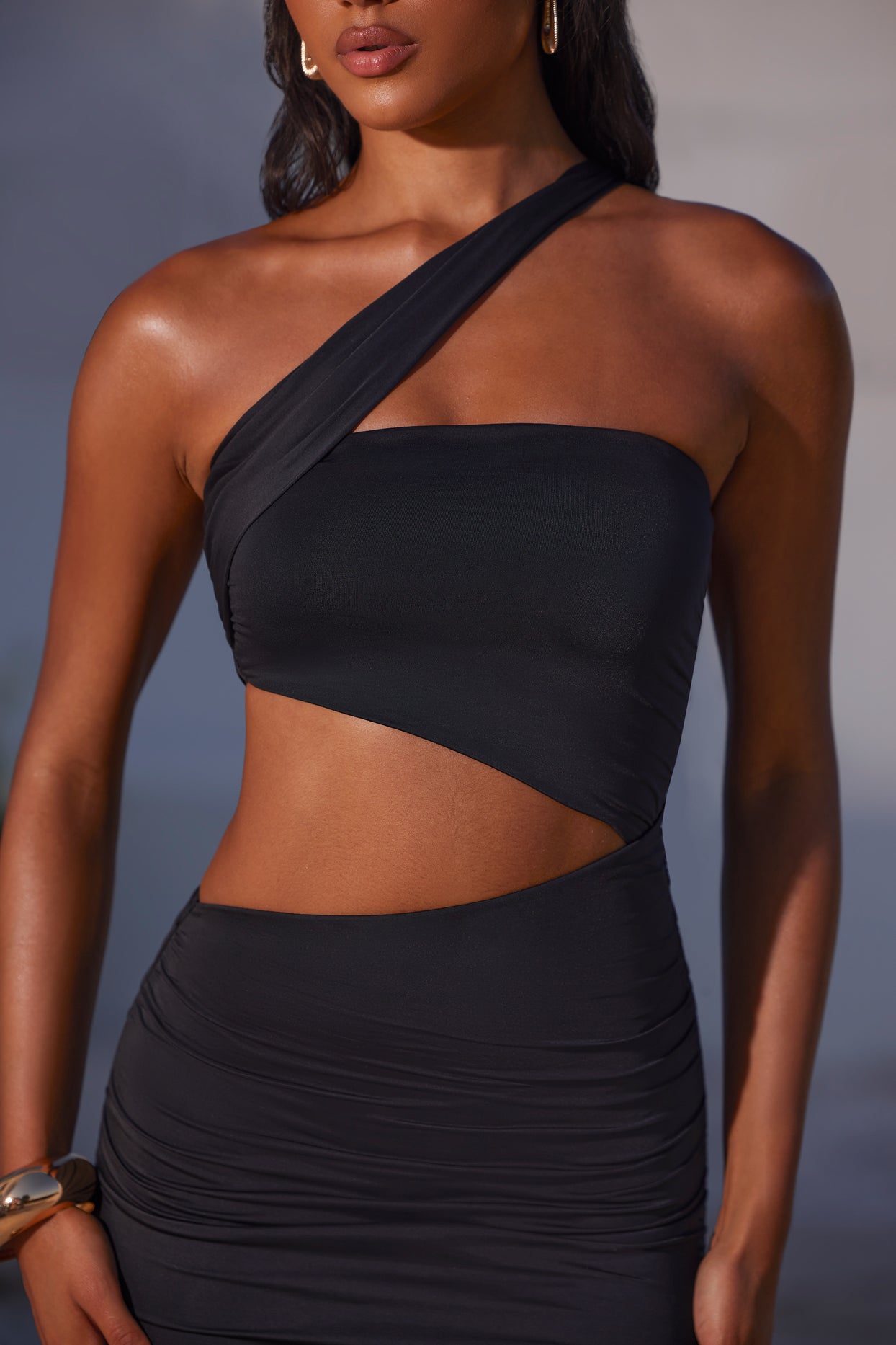 Asymmetric Neckline Ruched Cut Out Maxi Dress in Black