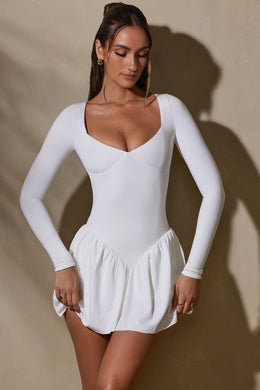 Long Sleeve Layered A-Line Mini Dress in White