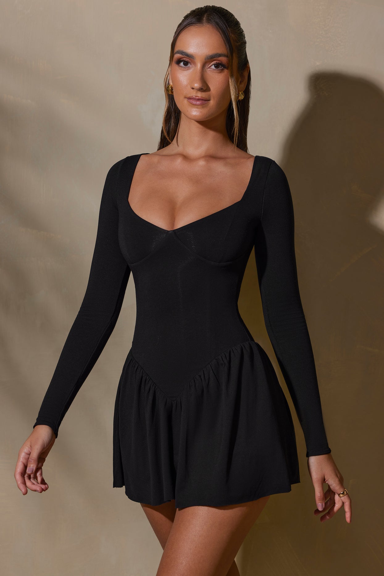 Long Sleeve Layered A-Line Mini Dress in Black