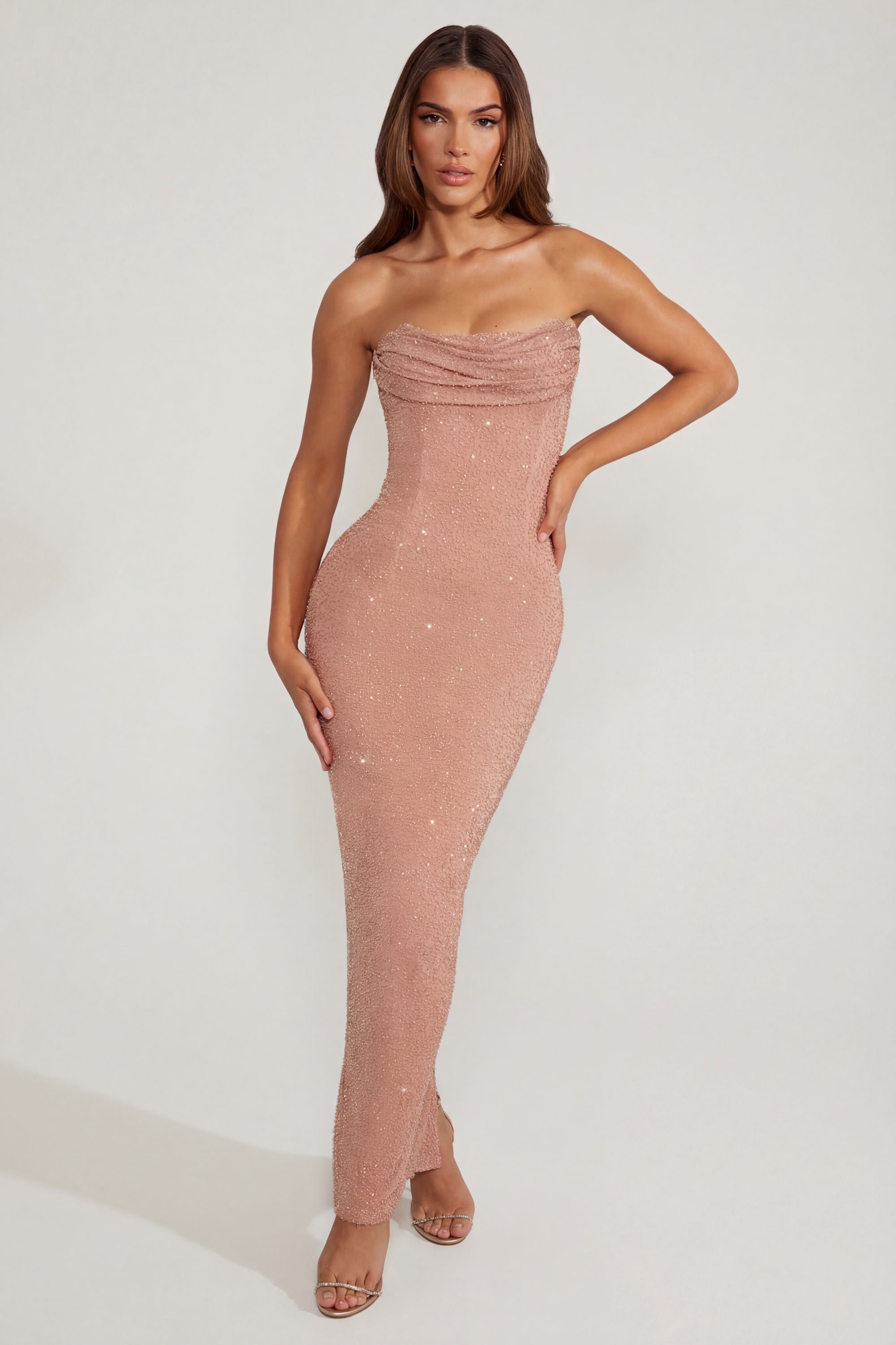 Embellished Bandeau Cowl Neck Maxi Dress in Caramel