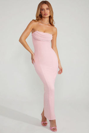 Oh Polly's Megi wearing the Palermo Maxi Dress in Blush Embellished fabric perfect for summer weddings