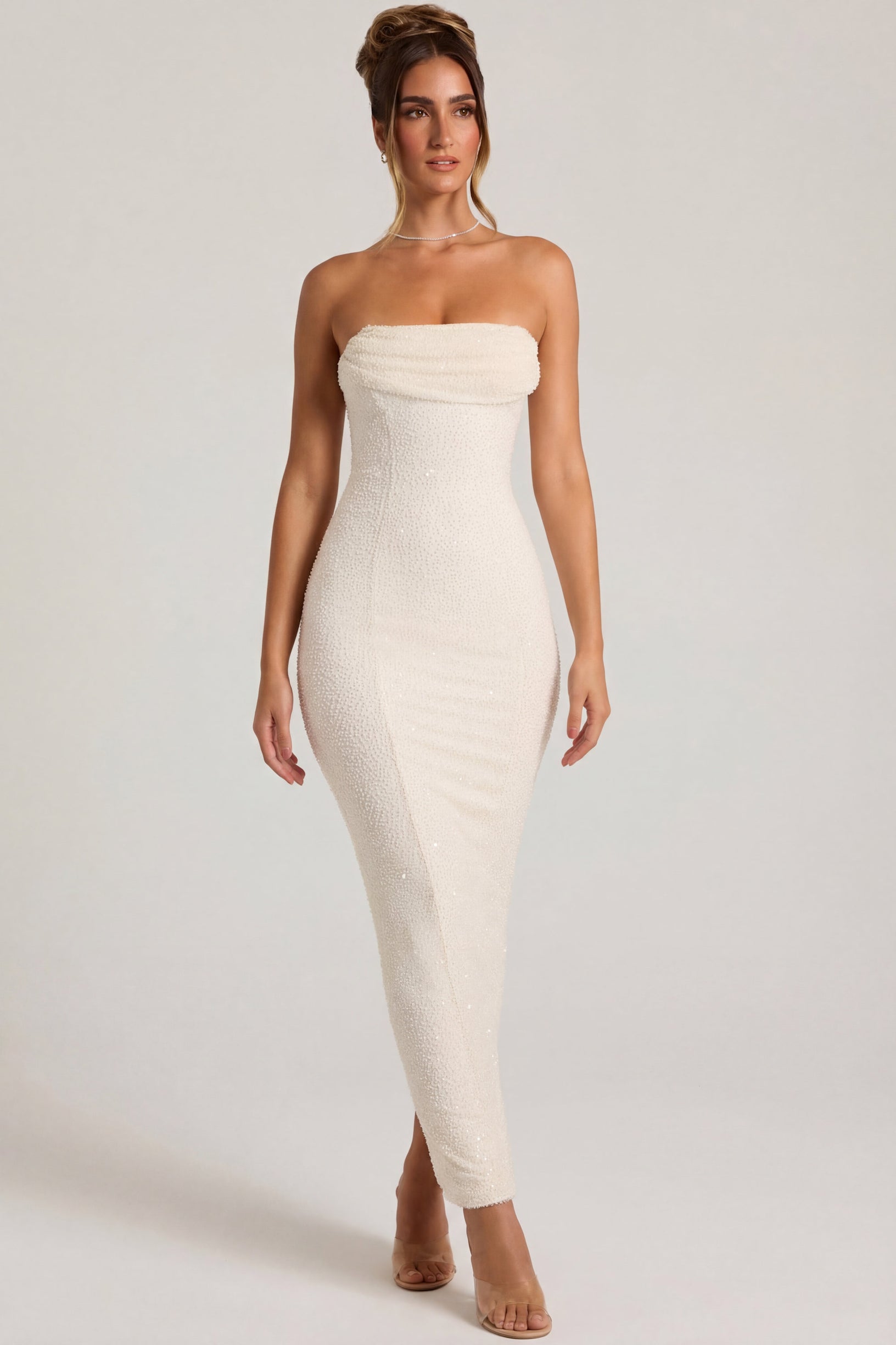Embellished Bandeau Cowl Neck Maxi Dress in Snow - 1