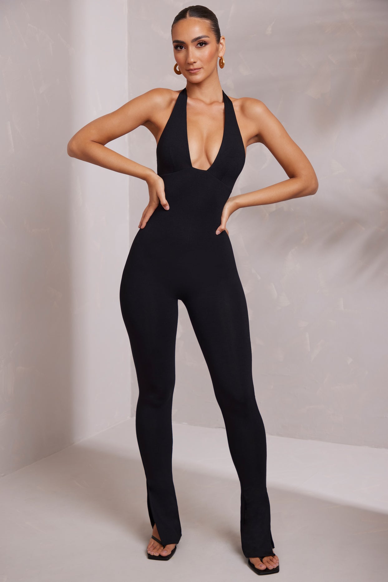 Keava Tall Plunge Halter Neck Jumpsuit in Black Oh Polly