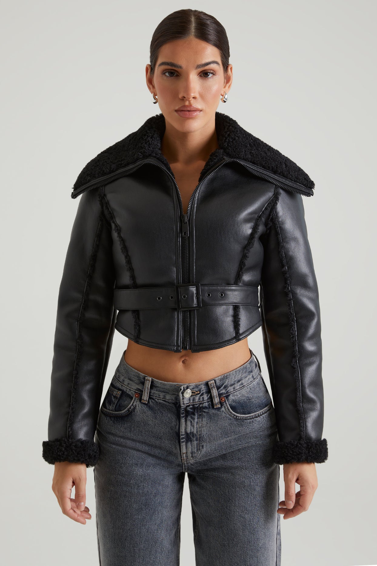 Eira Jacket with Shearling Collar and Trim in Black | Oh Polly