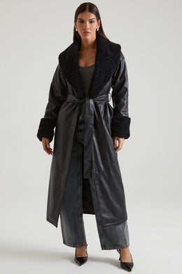 Tie Up Coat with Shearling Collar and Cuffs in Black