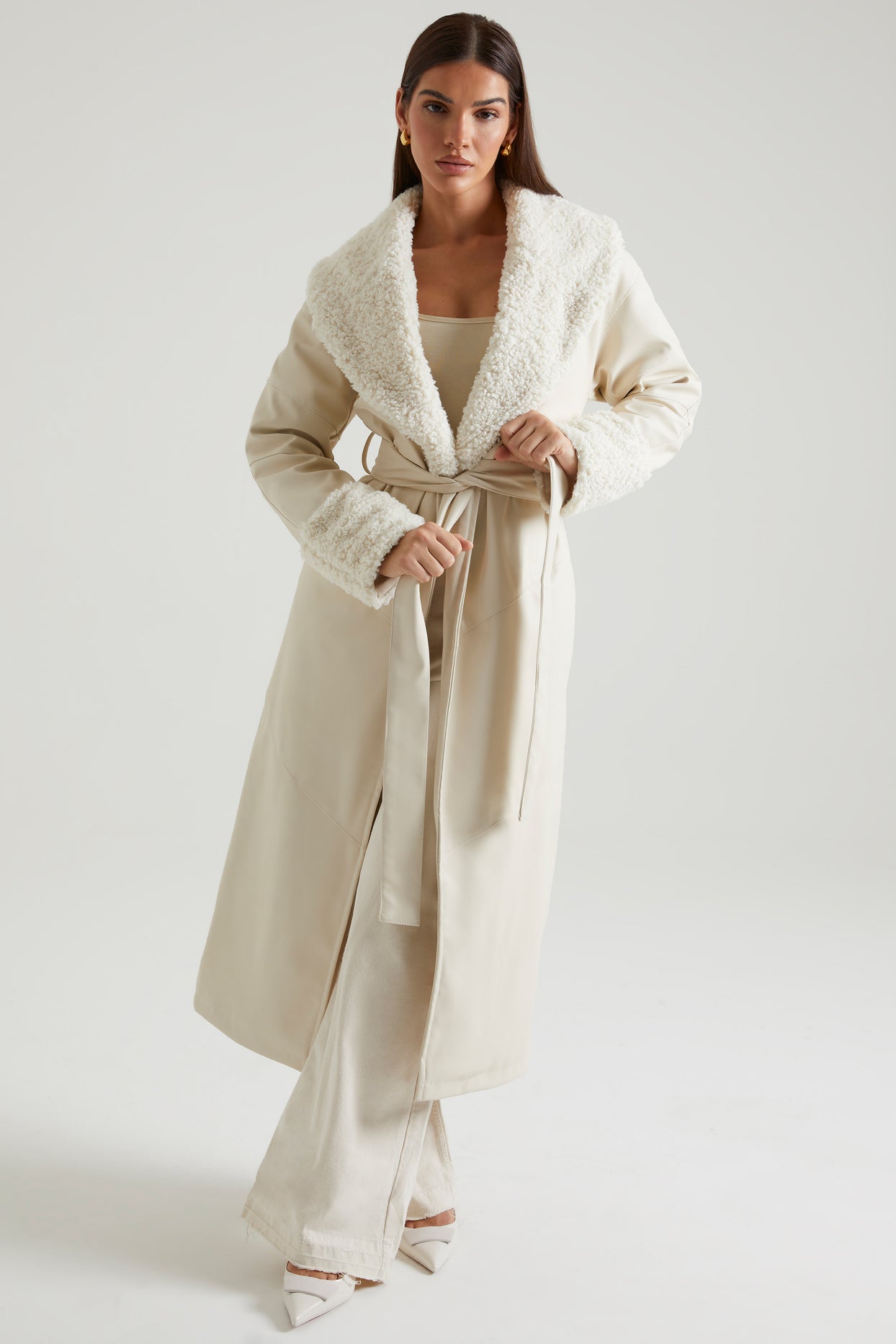 Tie Up Coat with Shearling Collar and Cuffs in Cream